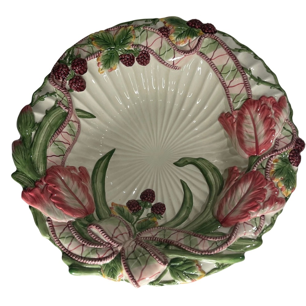 Fitz and Floyd Essentials Blackberry Rabbit 12 inch Serving Bowl Floral Tulips